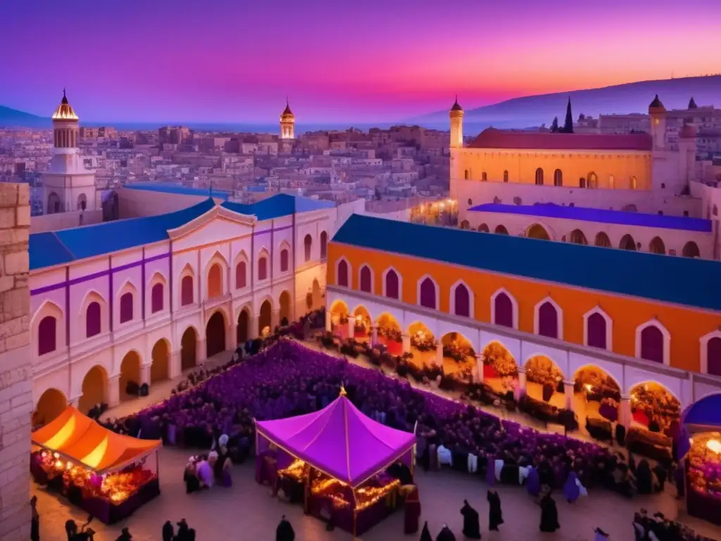 Ciudad vibrante al atardecer, reflejando la historia de Purim