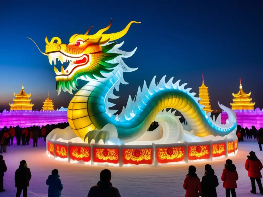 Escultura de hielo del Festival del Hielo Harbin: majestuoso dragón y palacio de hielo iluminados, visitantes maravillados