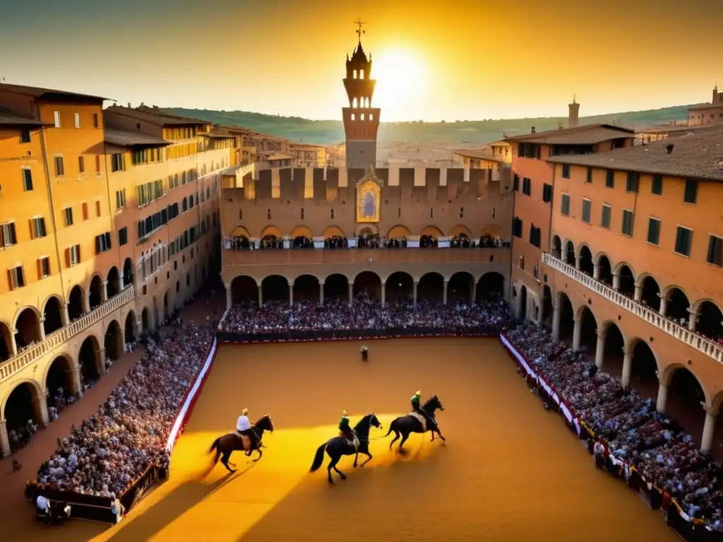 Historia y tradición del Palio de Siena: escena medieval con caballos, banderas y arquitectura icónica