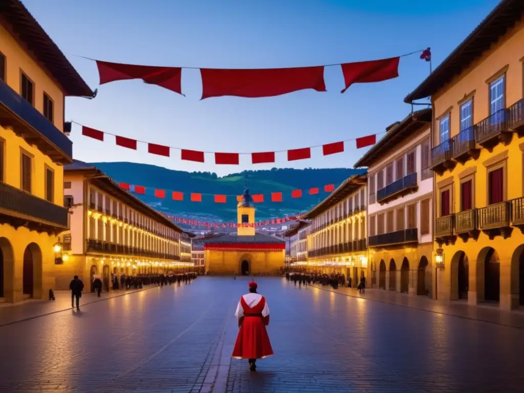 Imagen de la ciudad histórica de Pamplona al atardecer, con la Plaza del Castillo iluminada y el Festival de San Fermín enigmático