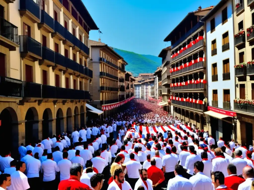 Festivales tradicionales en España: Vista impresionante de las bulliciosas calles de Pamplona durante el festival de San Fermín