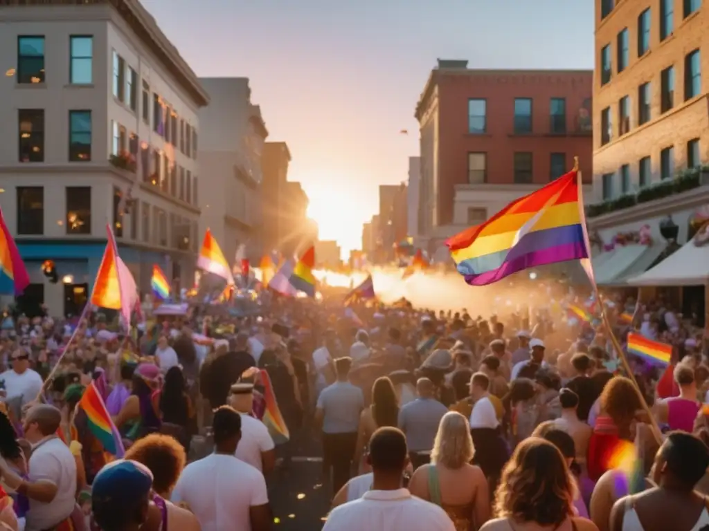 Imagen vibrante del desfile del orgullo LGBTQ+ al atardecer, con diversidad y empoderamiento en festivales LGBTQ+ tradicionales