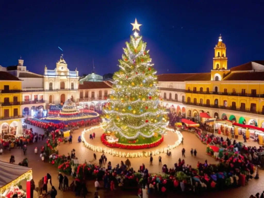 Festivales de Navidad en América Latina con una plaza llena de alegría, luces y decoraciones vibrantes