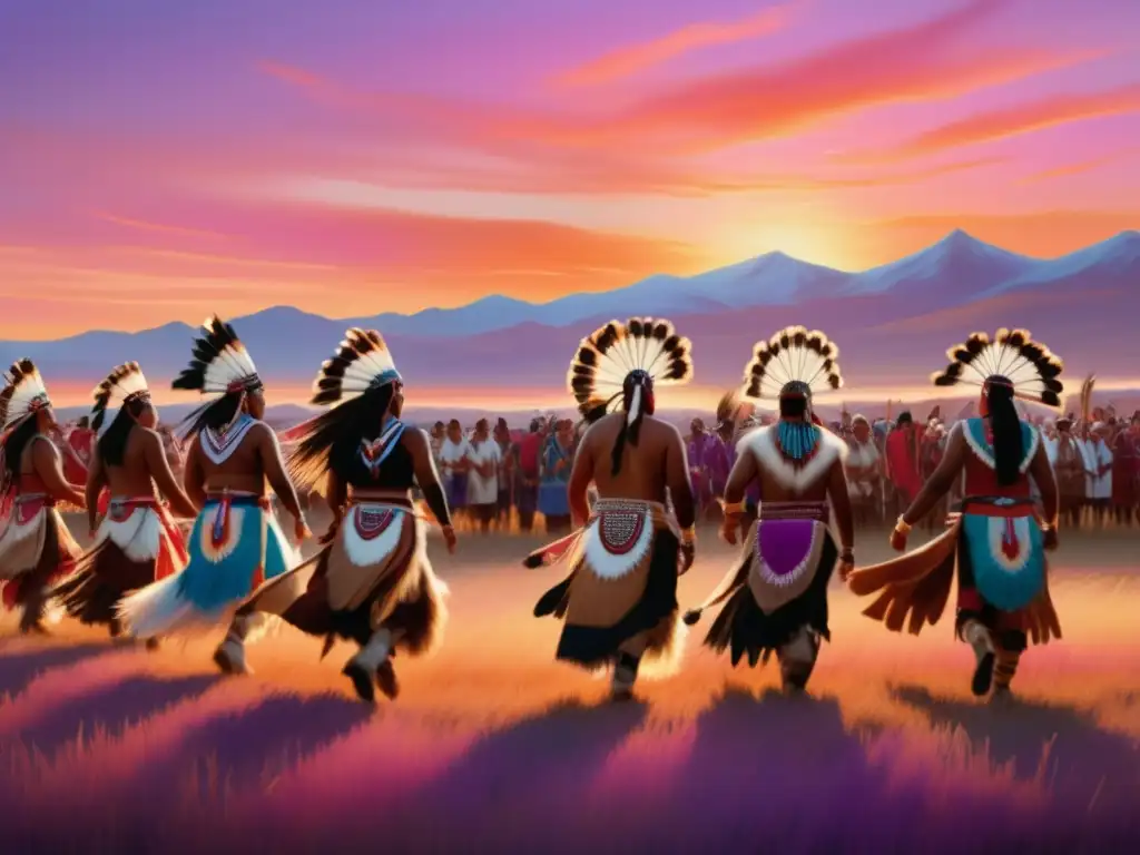 Celebraciones tradicionales América del Norte: Powwow nativo americano al atardecer con colores vibrantes, regalía detallada y niños asombrados