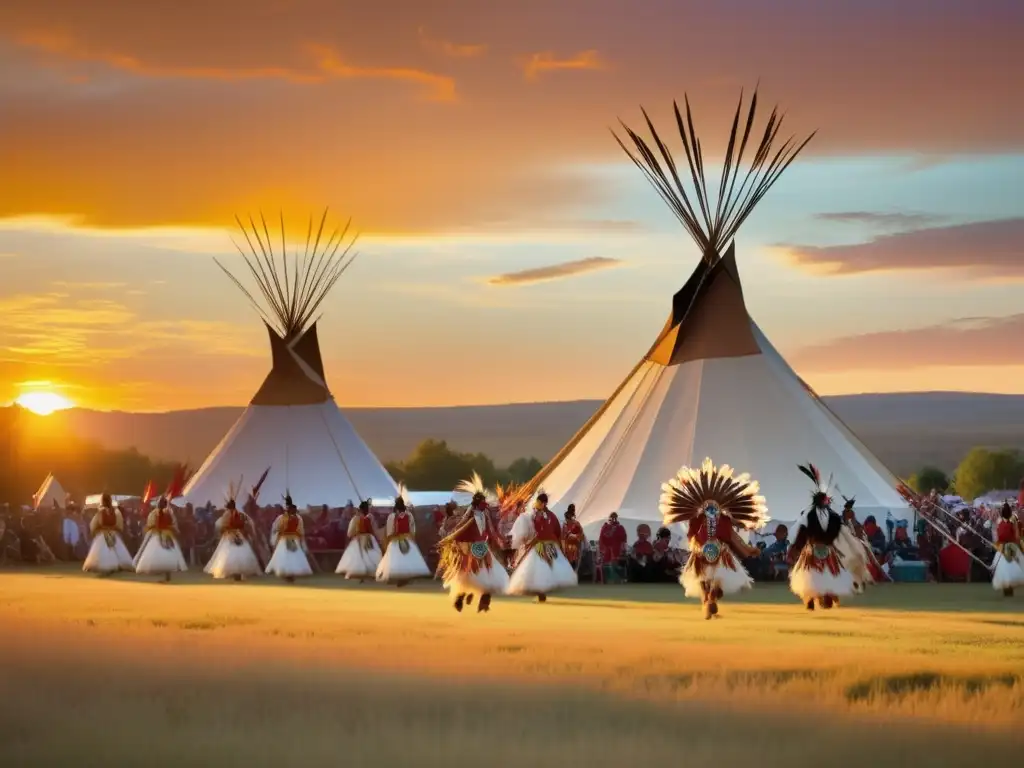 Celebraciones tradicionales en América del Norte: Powwow nativo americano al atardecer, tipis coloridos, danzas y música ancestral