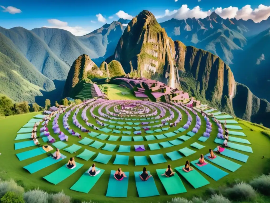 Vista aérea impresionante de un prado verde rodeado de montañas, con participantes de diversas etnias practicando yoga en festivales internacionales