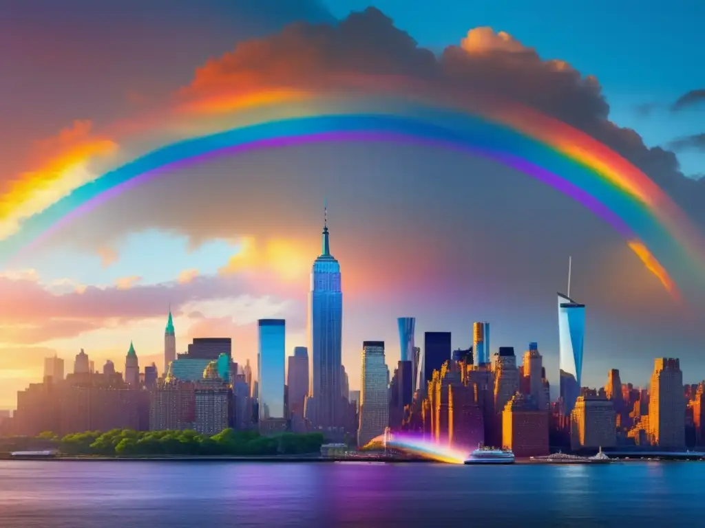 Historia y significado del Festival del Orgullo de Nueva York: Una imagen impresionante que captura la esencia de la celebración LGBTQ+, con una enorme bandera arcoíris ondeando sobre el icónico horizonte de Manhattan al atardecer