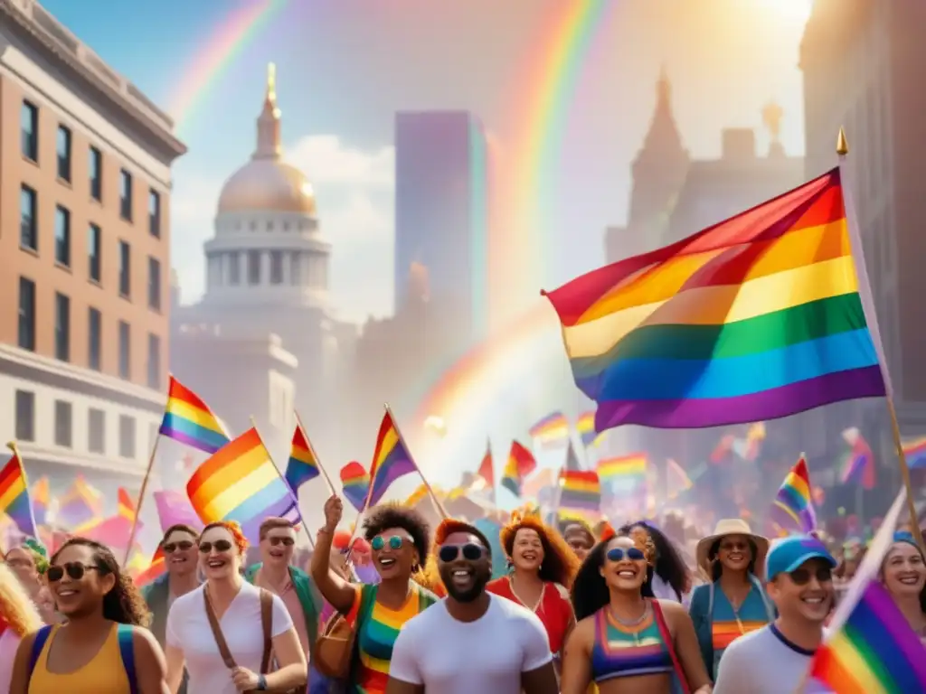 Desfile LGBTQ+ vibrante en una ciudad bulliciosa, festivales LGBTQ+ tradicionales mundo