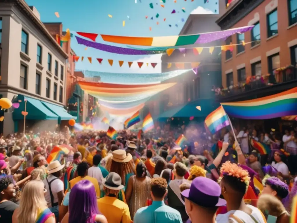 Desfile vibrante del orgullo LGBTQ+ en una ciudad bulliciosa, con colores, banderas arcoíris y confeti