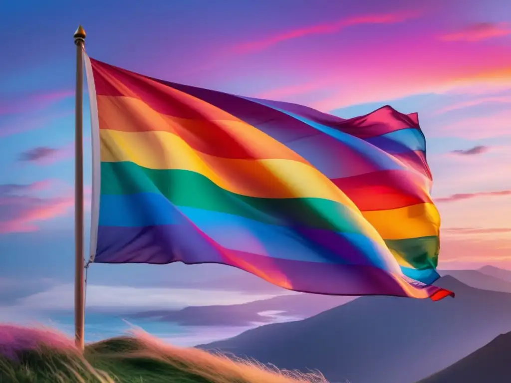 Bandera LGBTQ+ ondeando en el viento con un cielo al atardecer y una ciudad en el fondo - Festivales LGBTQ+ tradicionales mundo