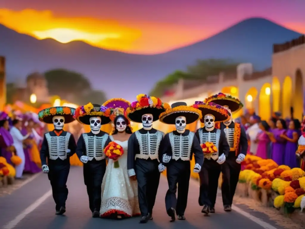 Celebración del Día de los Muertos en México - Procesión tradicional al atardecer con calaveras de azúcar, flores de cempasúchil y papel picado