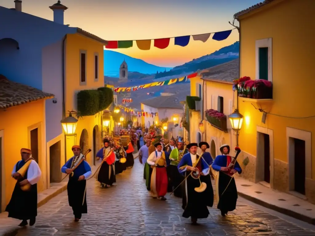 Festivales tradicionales en un encantador pueblo mediterráneo, con coloridas banderas y músicos que lideran una animada procesión