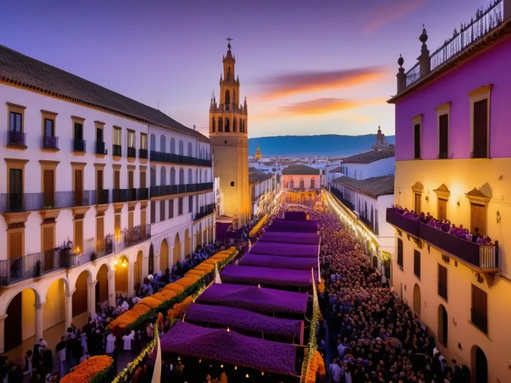 Festivales tradicionales Semana Santa Sevilla: procesión religiosa en una calle estrecha con balcones decorados, música y devotos penitentes