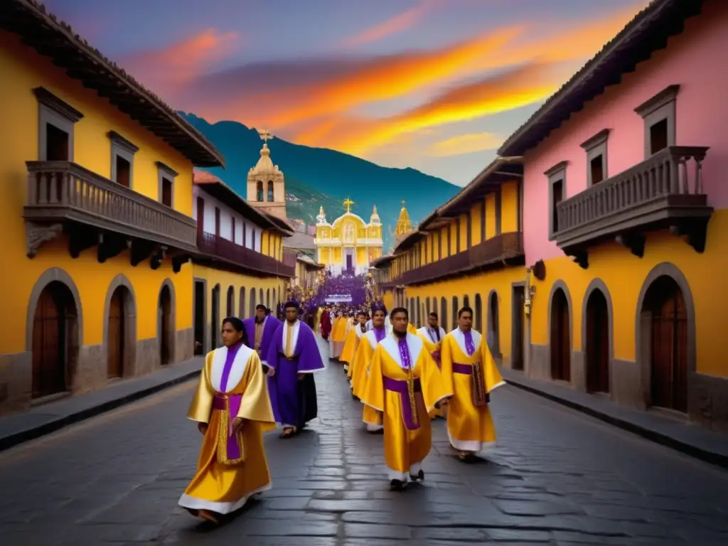 Procesión vibrante de Semana Santa con trajes típicos, festivales tradicionales (110 caracteres)