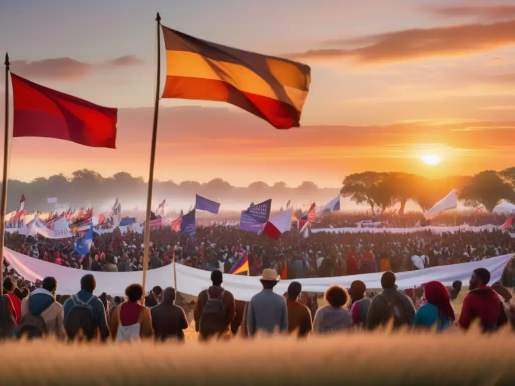 Festival de protesta tradicional: campo abierto con manifestantes unidos en causa, música, arte, discursos, solidaridad