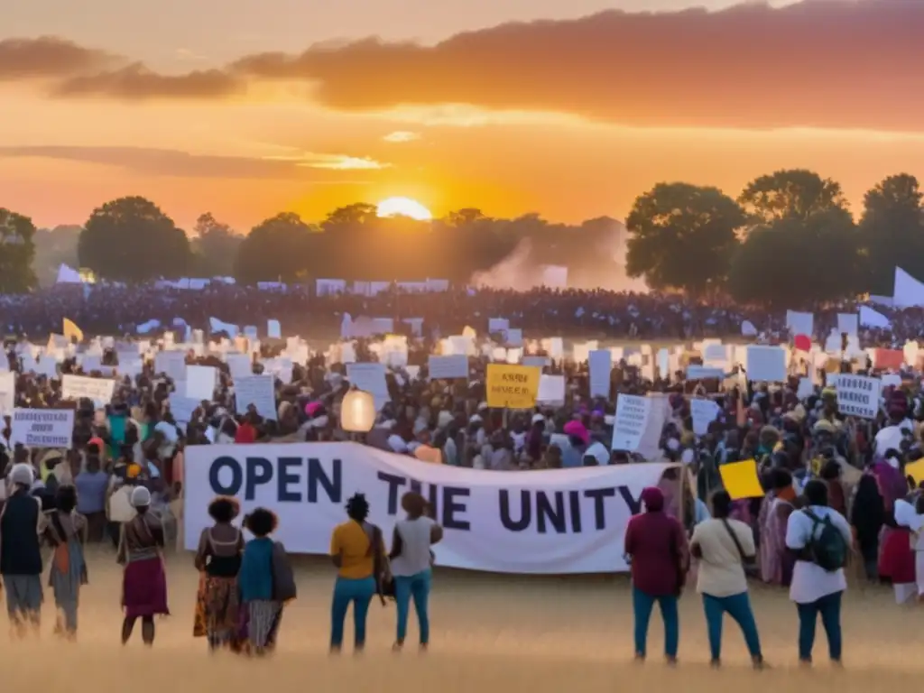 Festivales de protesta alrededor del mundo: campo abierto al atardecer con una multitud diversa de manifestantes, música, arte y comida