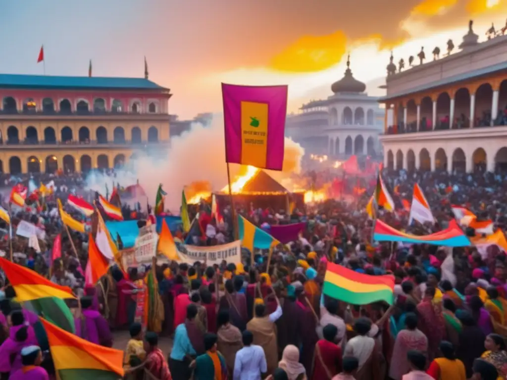 Festivales de protesta tradicionales en una animada plaza con una multitud diversa y determinada, colores vibrantes y un ambiente etéreo