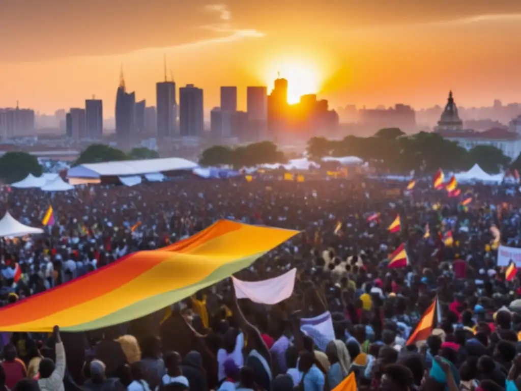 Festivales de protesta en cambio mundial: escena vibrante y esperanzadora de un festival de protesta con una multitud diversa y mensajes poderosos