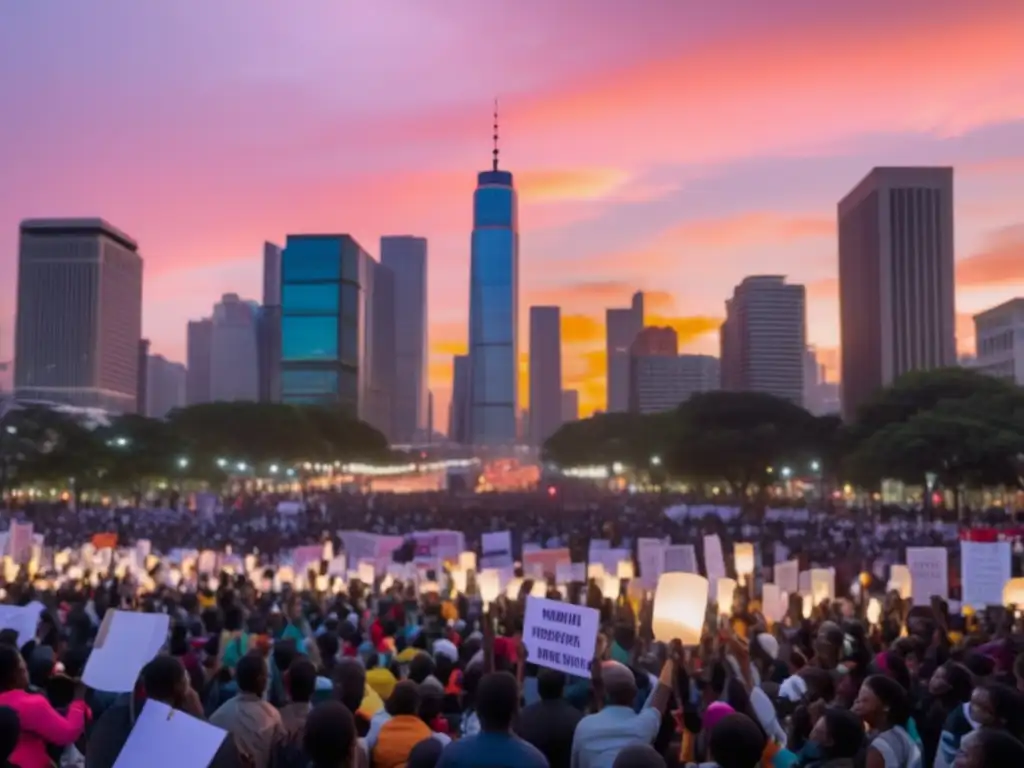 Festival de protesta: Ciudad vibrante al atardecer, rascacielos, multitud diversa con pancartas, fuegos artificiales