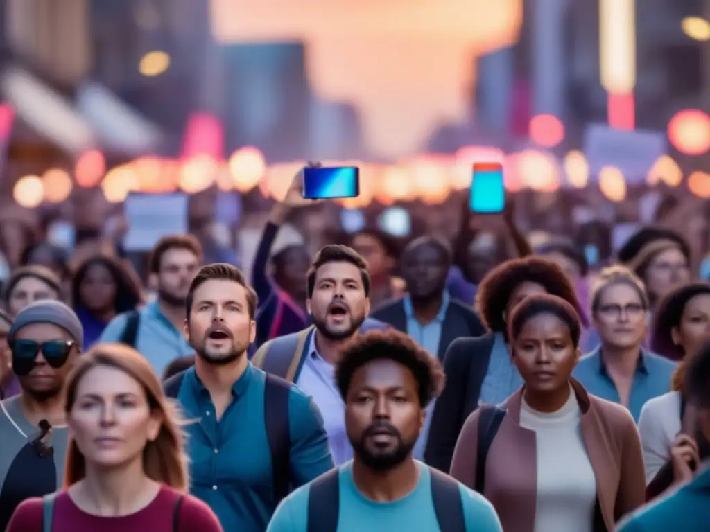 Multitud protesta cambio social, rostros iluminados, carteles coloridos, energía eléctrica