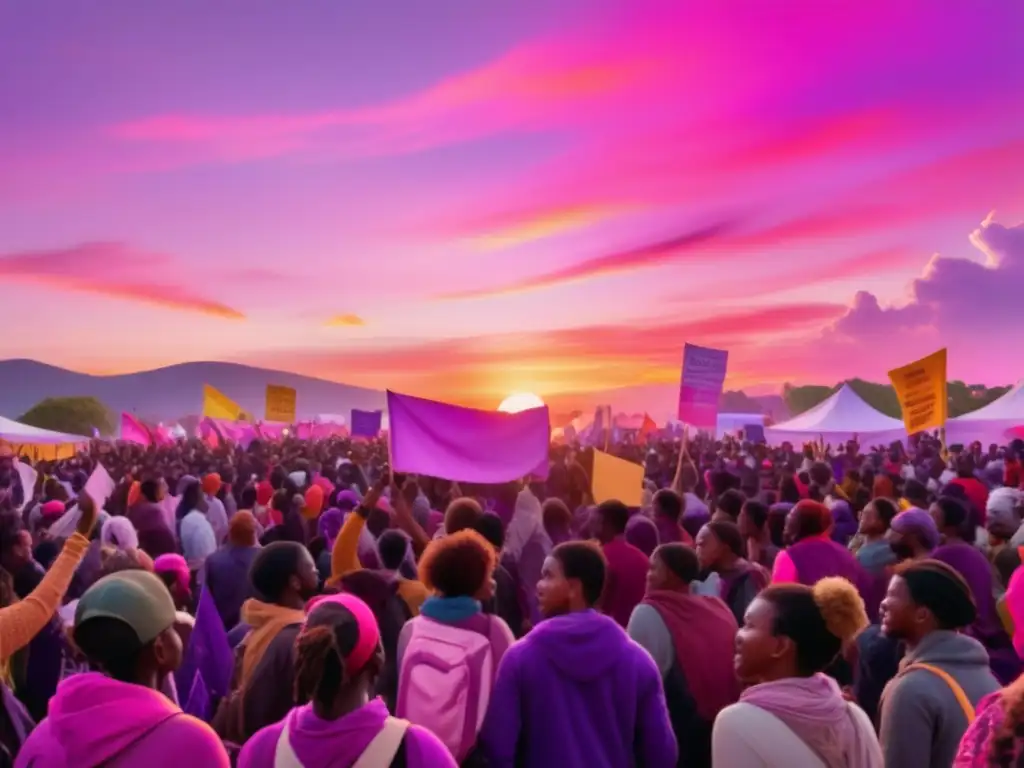 Festivales de protesta tradicionales en un atardecer vibrante con una multitud diversa expresándose creativamente