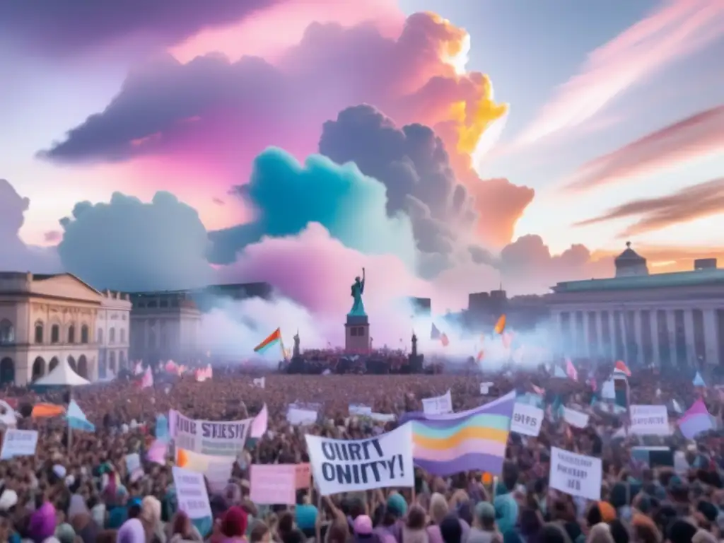 Festivales de protesta en todo el mundo - Multitud vibrante en una plaza de la ciudad, con cielo de tonos pastel y nubes flotando