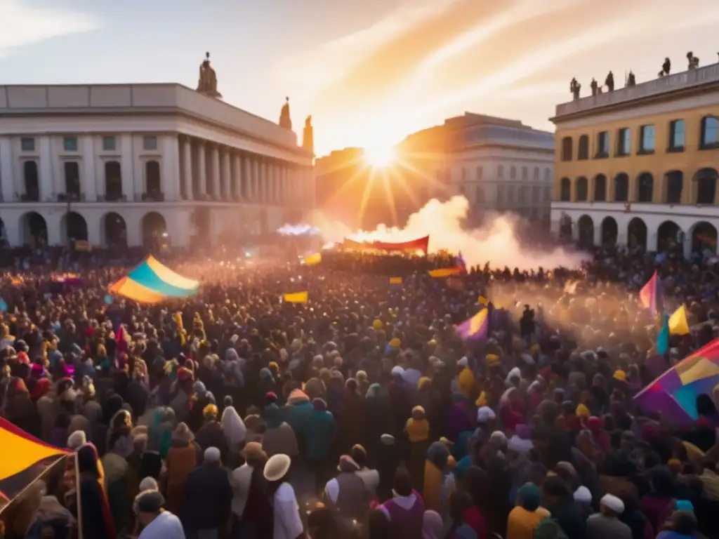 Multitud vibrante en festival de protesta con instalaciones y símbolos representativos