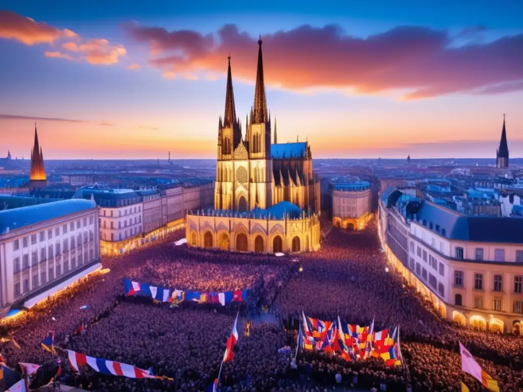 Festival de protesta con diversidad y energía, frente a una catedral gótica iluminada en una ciudad europea