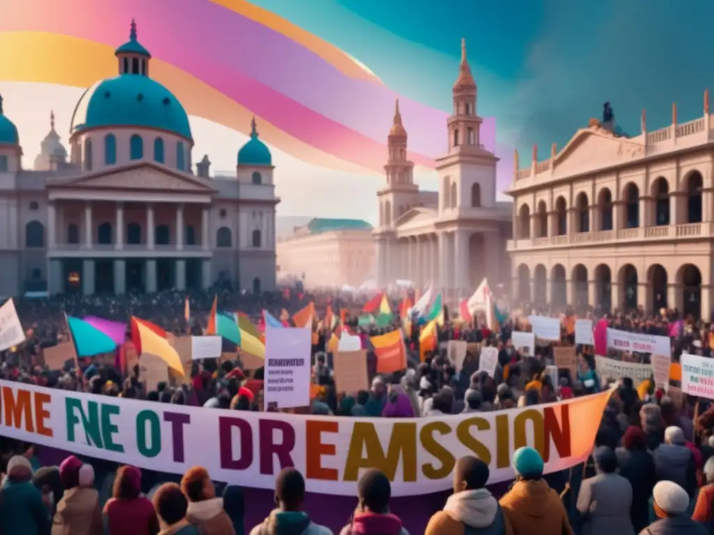 Multitud diversa en festival de protesta contra represión y censura, con banners coloridos y arte callejero