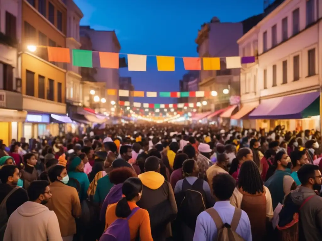 Festival de protesta internacional: Multitud diversa y colorida marcha en una ciudad iluminada, desafiando al poder con pasión y determinación