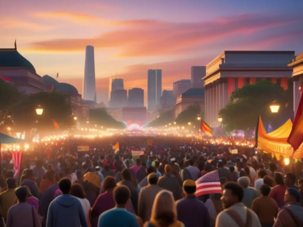 Festival de protesta tradicional en vibrante ciudad al atardecer, con música, determinación y cambio social