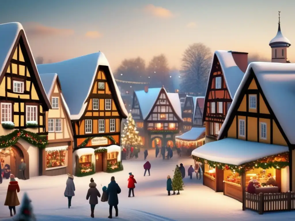 Tradiciones navideñas en Alemania: Pintoresco pueblo alemán cubierto de nieve, con casas de entramado de madera adornadas con decoraciones festivas