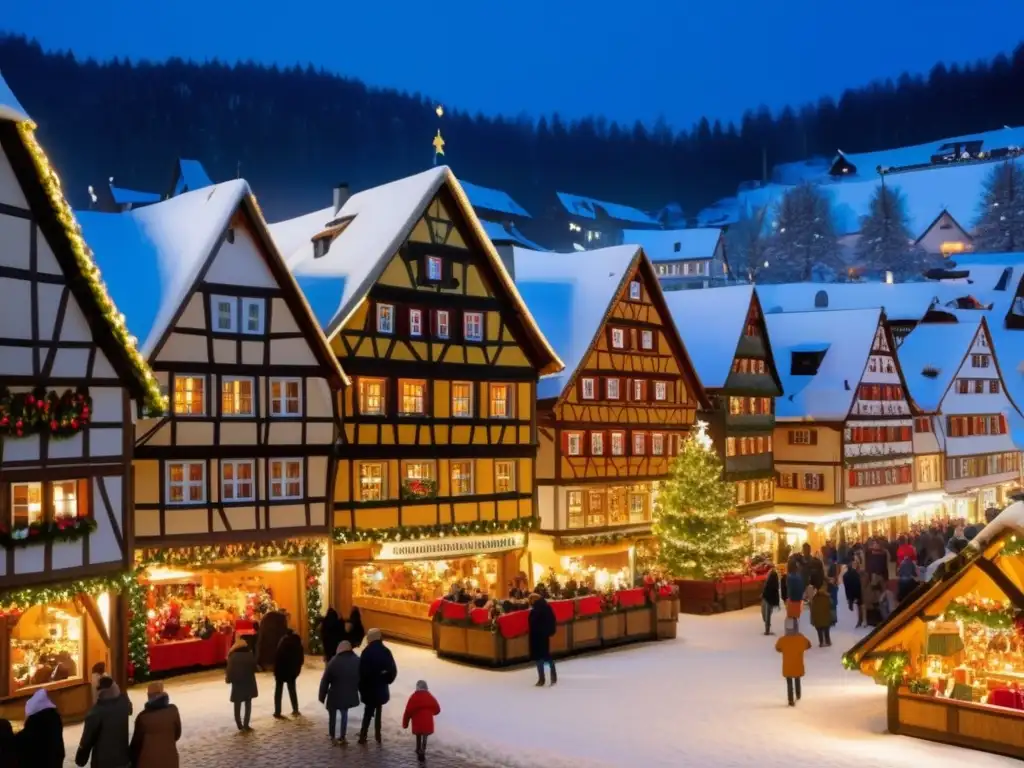 Tradiciones navideñas en Alemania: Pintoresco pueblo alemán en invierno, casas de madera bávaras, mercado navideño y paisaje nevado