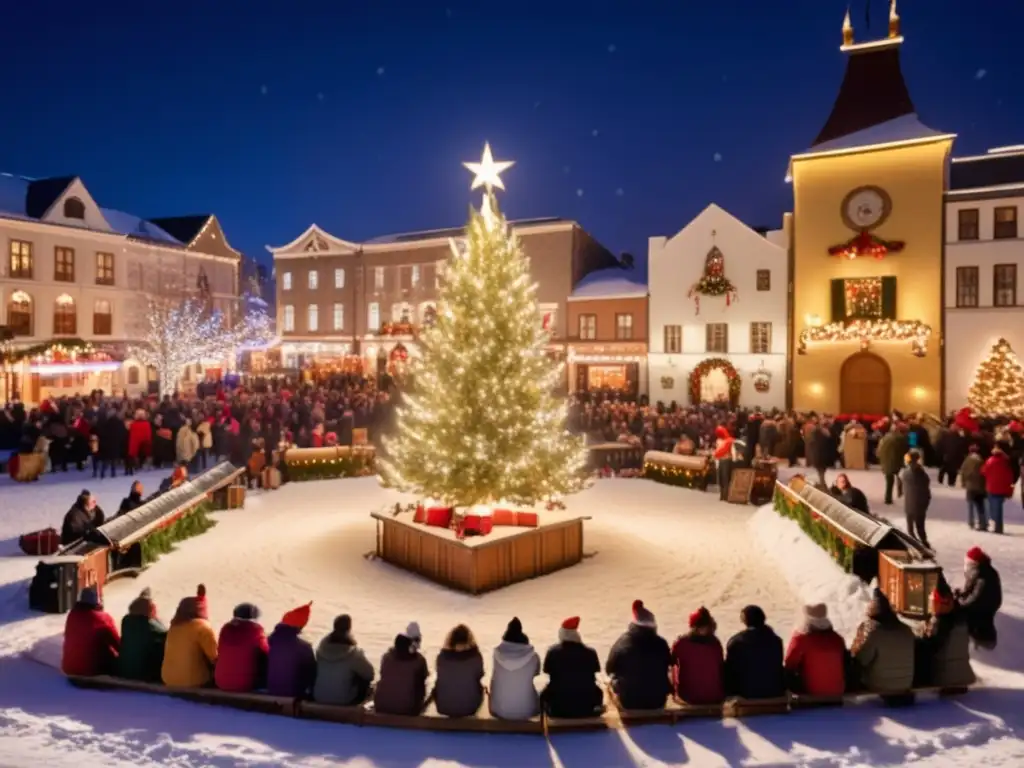 Impacto música moderna en celebraciones Navidad: imagen mágica de una plaza nevada de noche, adornada con luces y decoraciones navideñas