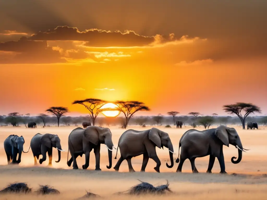 Festival Elefantes Botswana: Elefantes dorados en majestuosa llanura, árbol solitario, atardecer vibrante