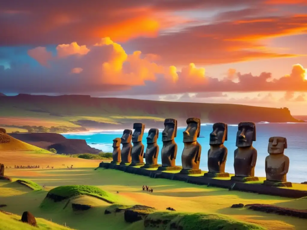 Vibrante puesta de sol sobre los místicos Moai en Isla de Pascua