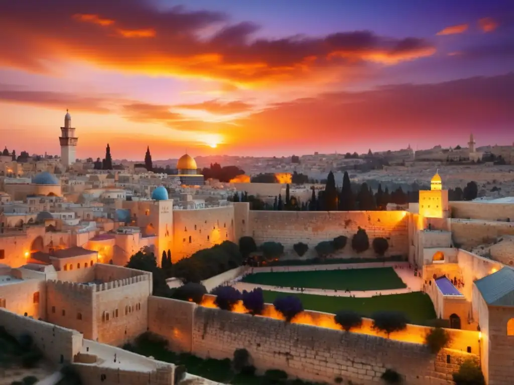 Puesta de sol vibrante sobre Jerusalén con Festivales judíos tradicionales mundo