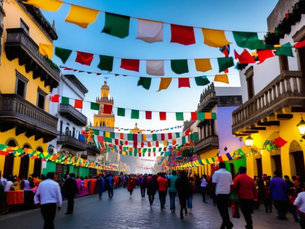 Tradiciones Fiesta Reyes Magos México, escena mágica en Ciudad de México con decoración colorida, banderas mexicanas y arquitectura histórica