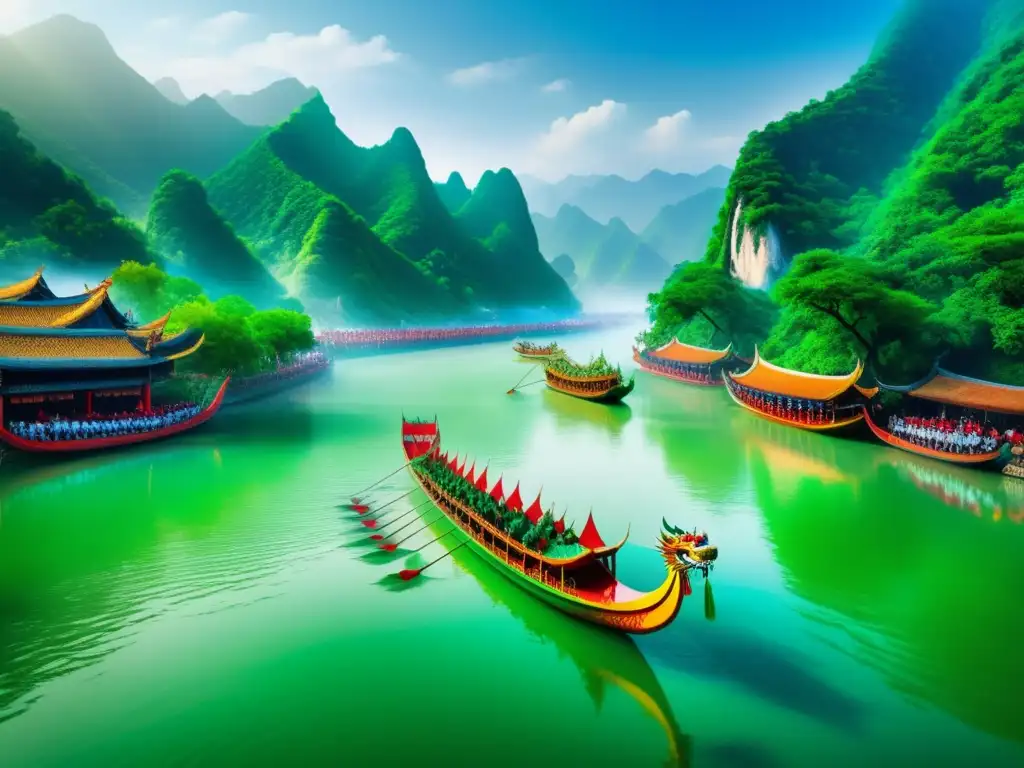 Imagen de río mist-covered en China durante el Festival de los Barcos Dragón con barco dragón tradicional en agua calmada rodeado de montañas verdes