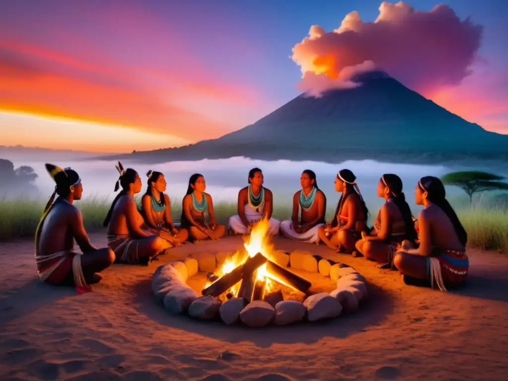 Festivales sagrados en sitios arqueológicos: Tradiciones ancestrales y espiritualidad capturadas en una imagen mística al atardecer