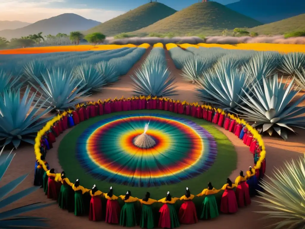 Ritual danza pulque en México: escena vibrante de danzas tradicionales y maestro pulquero en un campo de agaves