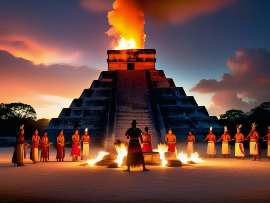 Festivales sagrados en Chichen Itza: Ritual maya místico, luz cálida, danza de chamanes, energía ancestral