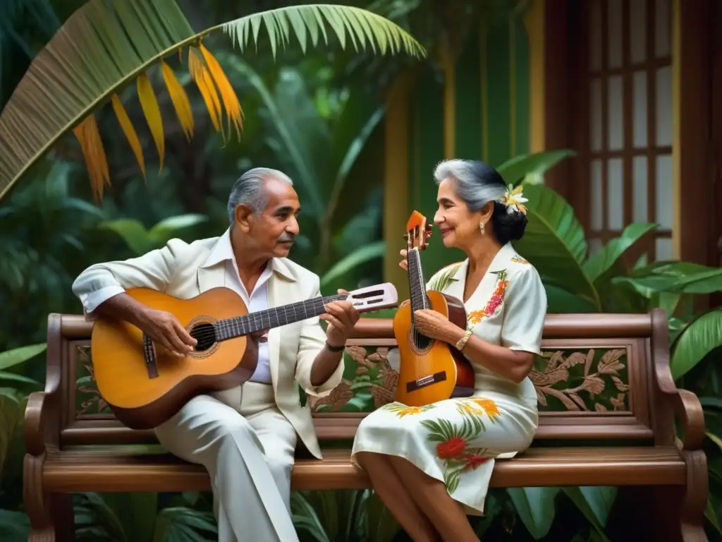 Pareja cubana en un escenario etéreo, tocando el bolero cubano