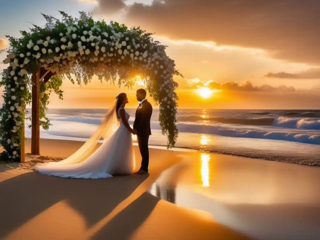 Una pareja en una playa al atardecer con una escena romántica rodeada de flores blancas y una reflexión dorada en el mar