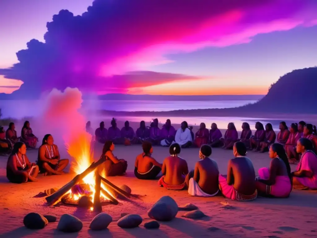 Festivales tradicionales aborígenes australianos en un paisaje sagrado al atardecer con personas aborígenes y fuego sagrado