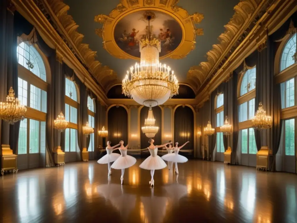 Sala de baile del siglo XVIII con decoración opulenta, influencias históricas en vestuario festivales ballet