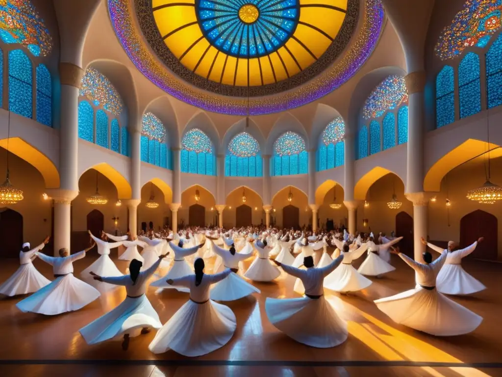 Festivales tradicionales danza derviches: Sala grandiosa con patrones y colores vibrantes, derviches girando en trance, luz dorada y mística