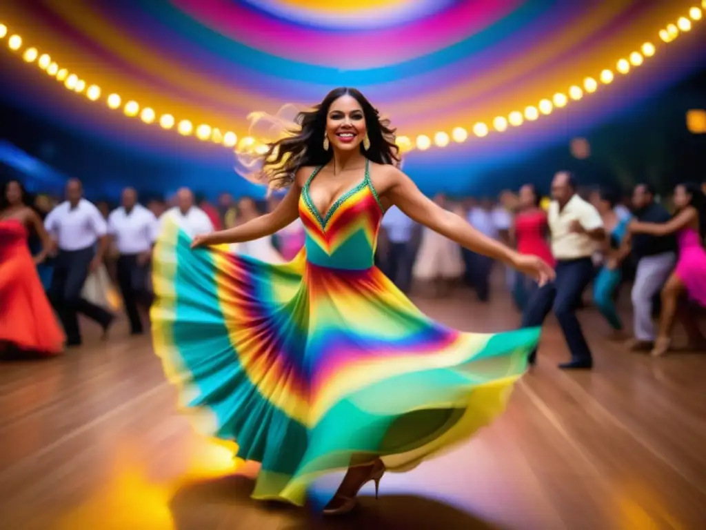 Festival de Salsa en Cali: Energía vibrante, bailarina de salsa en un vestido colorido, luces y multitud emocionada