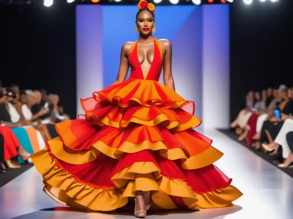 Modelo desfila con traje de salsa, fusionando moda contemporánea y elementos tradicionales - Historia de los trajes de salsa festivales