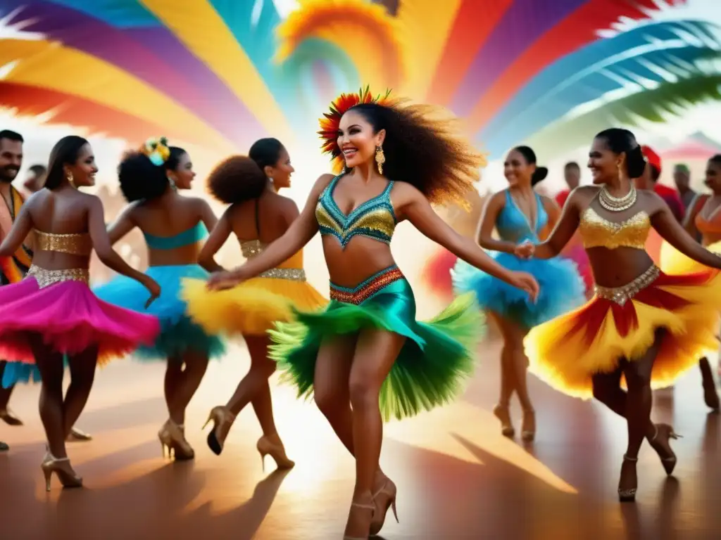 Historia de trajes de salsa festivales: Un escenario vibrante y etéreo muestra un festival de salsa con colores, bailarines y trajes elaborados